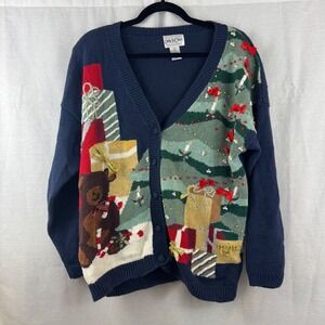 Vintage Carly St. Claire Christmas Cardigan Sweater Teddy Bear Gifts Embellished